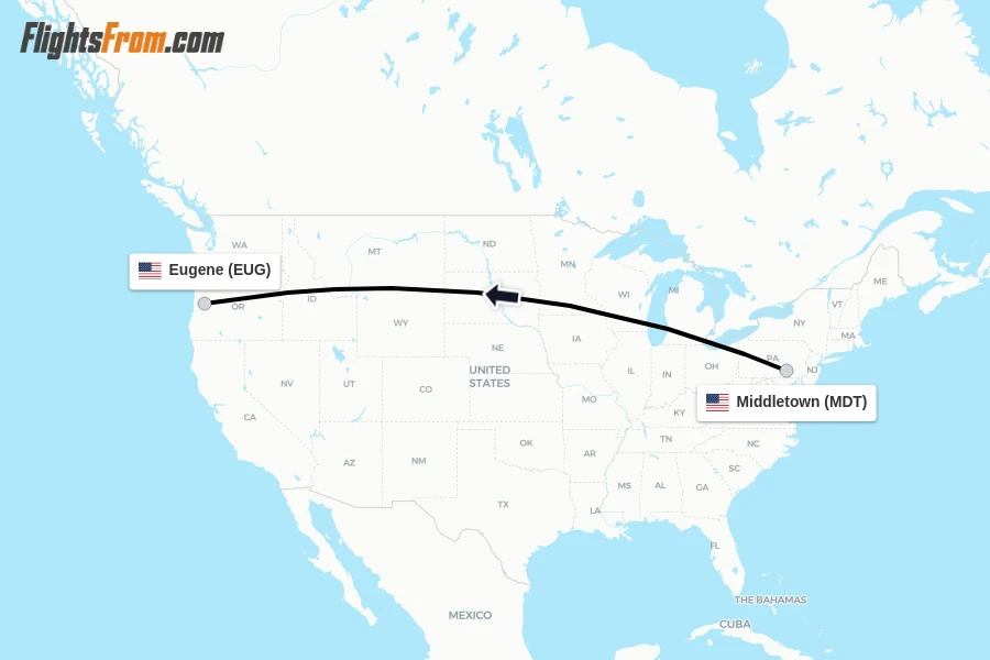 Flights from Middletown to Eugene route map