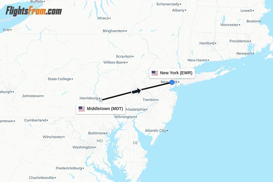 Flights from Middletown to New York route map