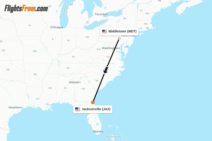 Flights from Middletown to Jacksonville route map