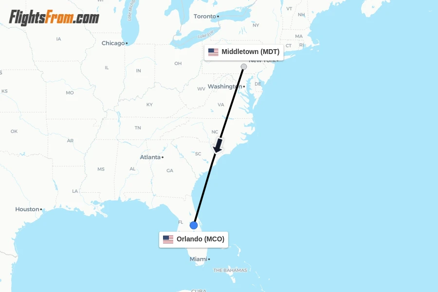 Flights from Middletown to Orlando route map