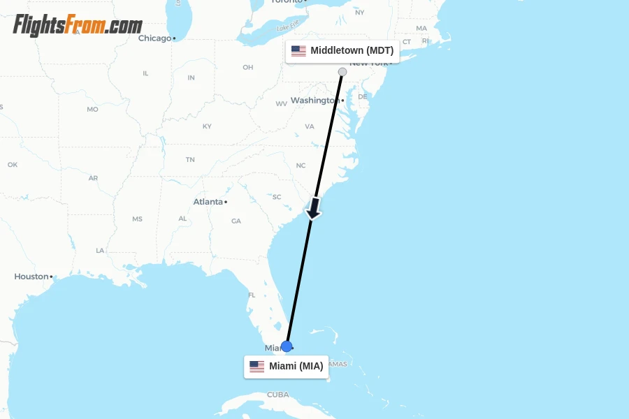 Flights from Middletown to Miami route map