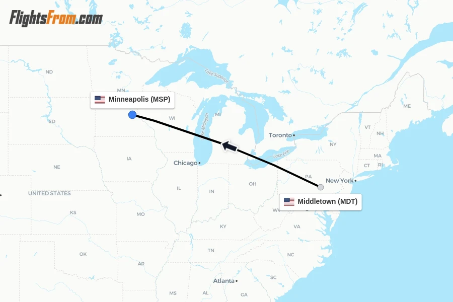 Flights from Middletown to Minneapolis route map
