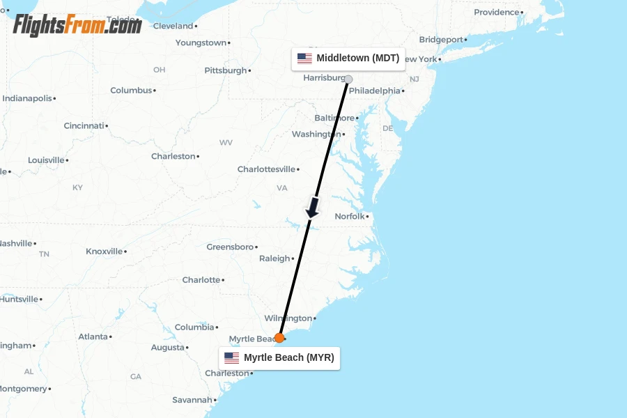 Flights from Middletown to Myrtle Beach route map