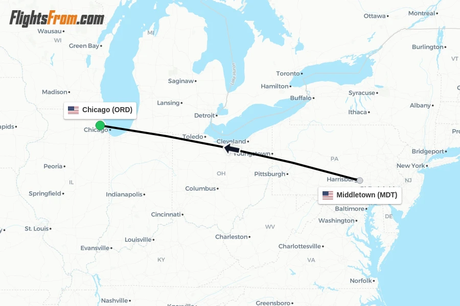 Flights from Middletown to Chicago route map