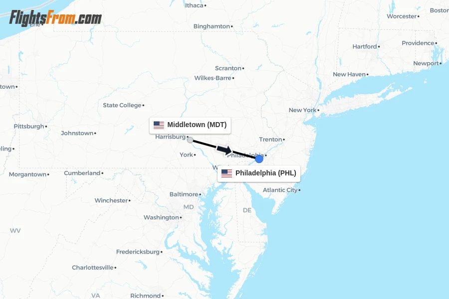 Flights from Middletown to Philadelphia route map