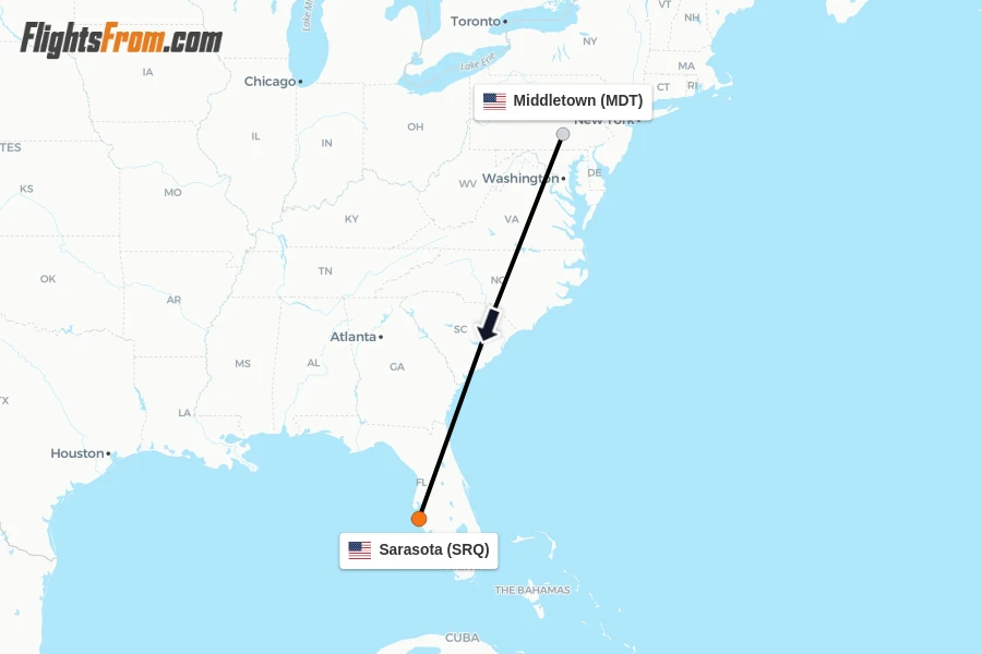 Flights from Middletown to Sarasota route map