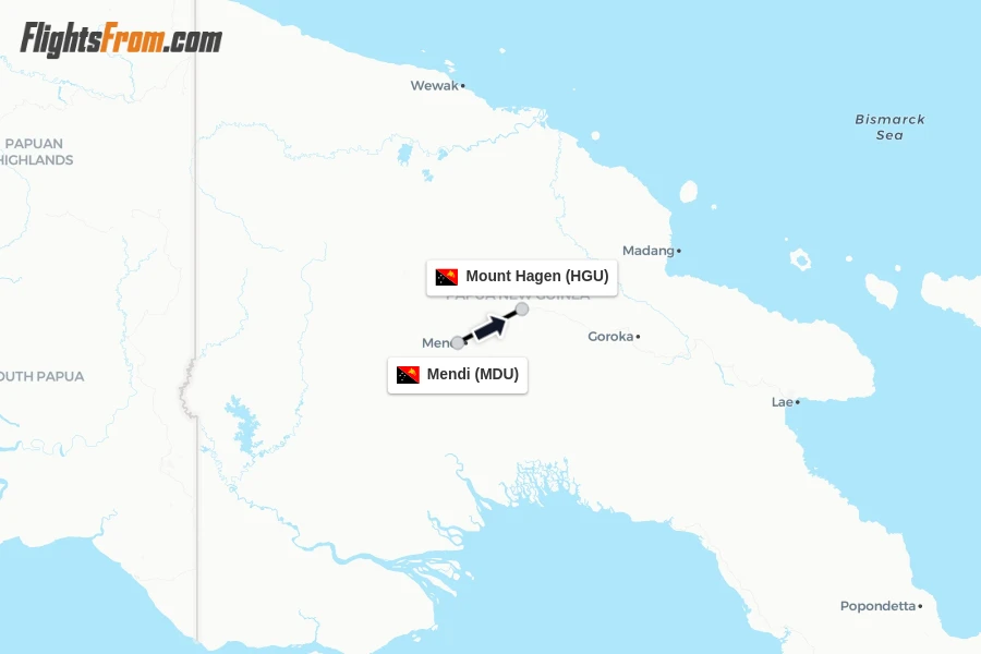 Flights from Mendi to Mount Hagen route map