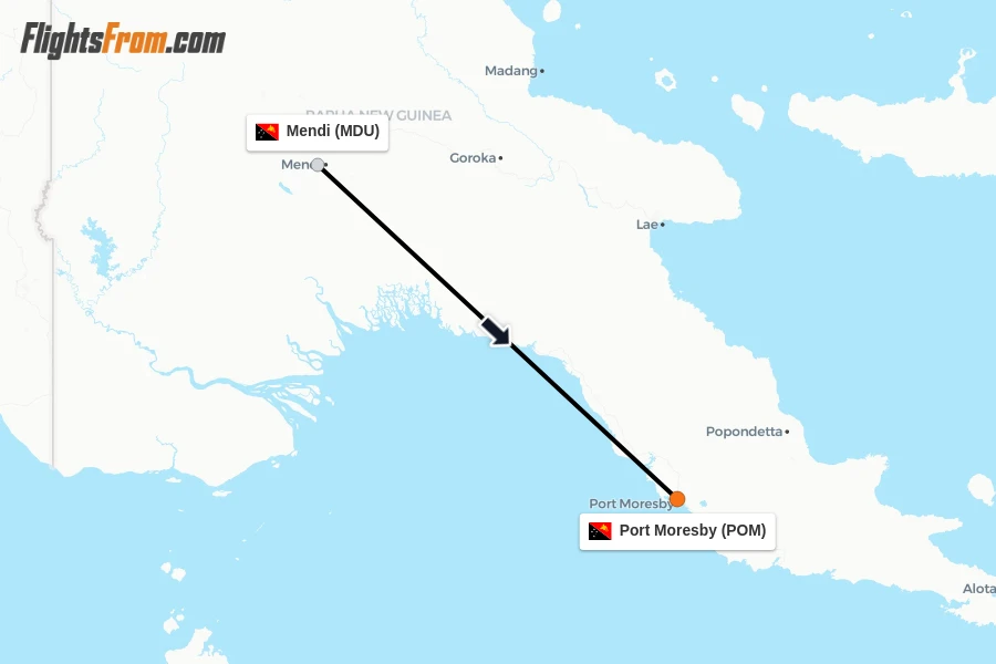 Flights from Mendi to Port Moresby route map