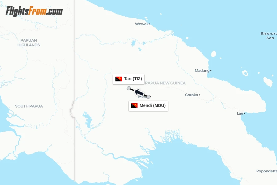 Flights from Mendi to Tari route map