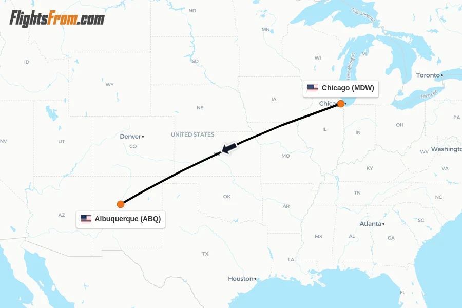 Flights from Chicago to Albuquerque route map