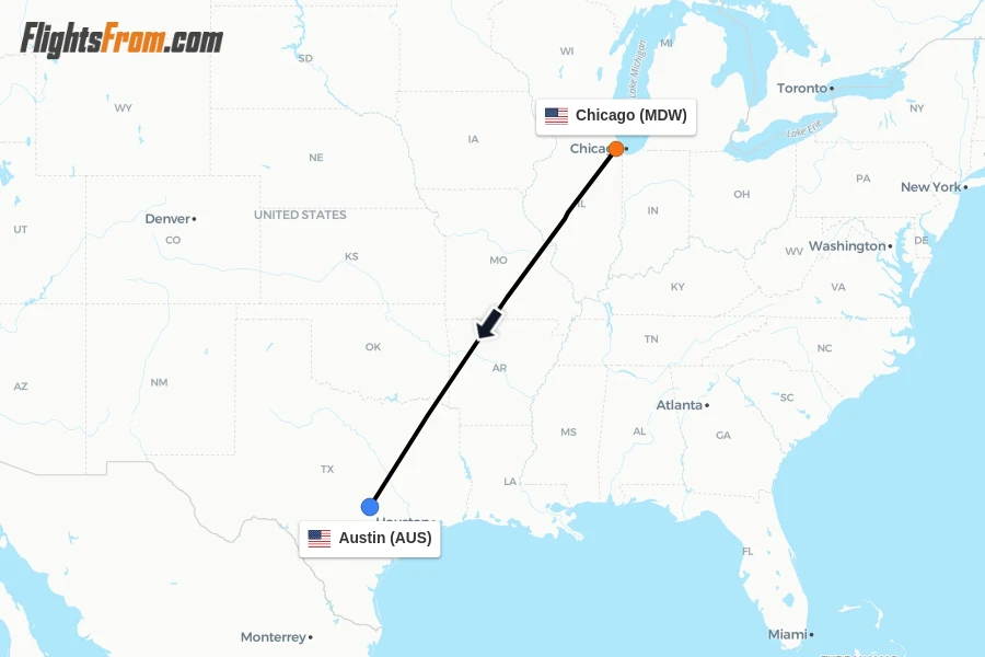 Flights from Chicago to Austin route map