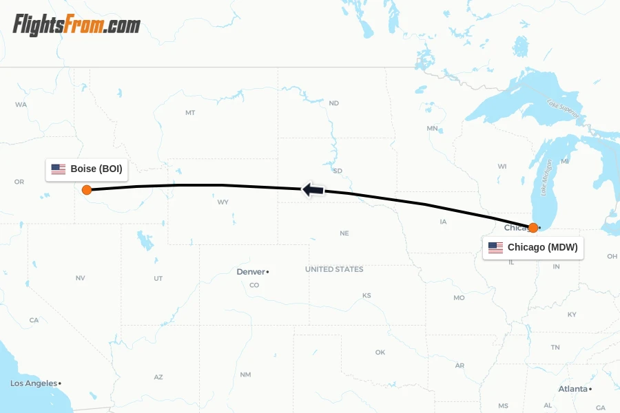 Flights from Chicago to Boise route map
