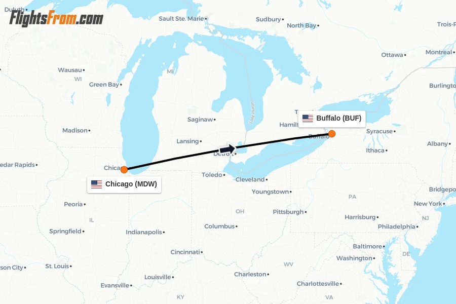 Flights from Chicago to Buffalo route map