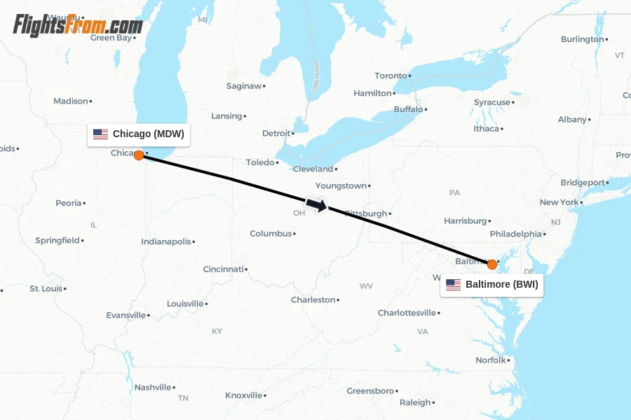 Flights from Chicago to Baltimore route map