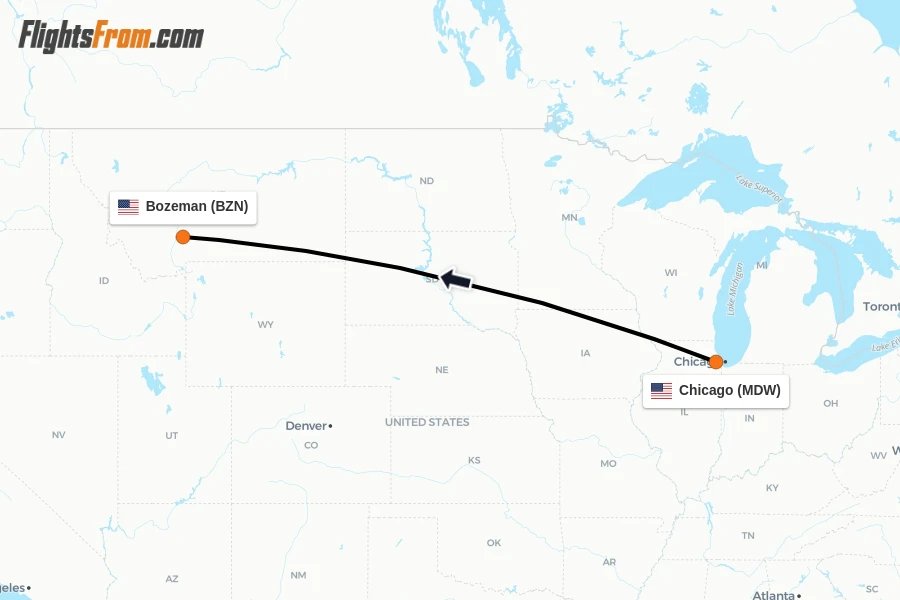 Flights from Chicago to Bozeman route map