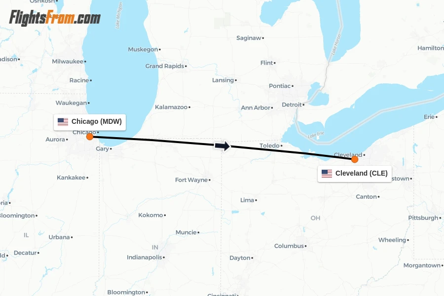 Flights from Chicago to Cleveland route map