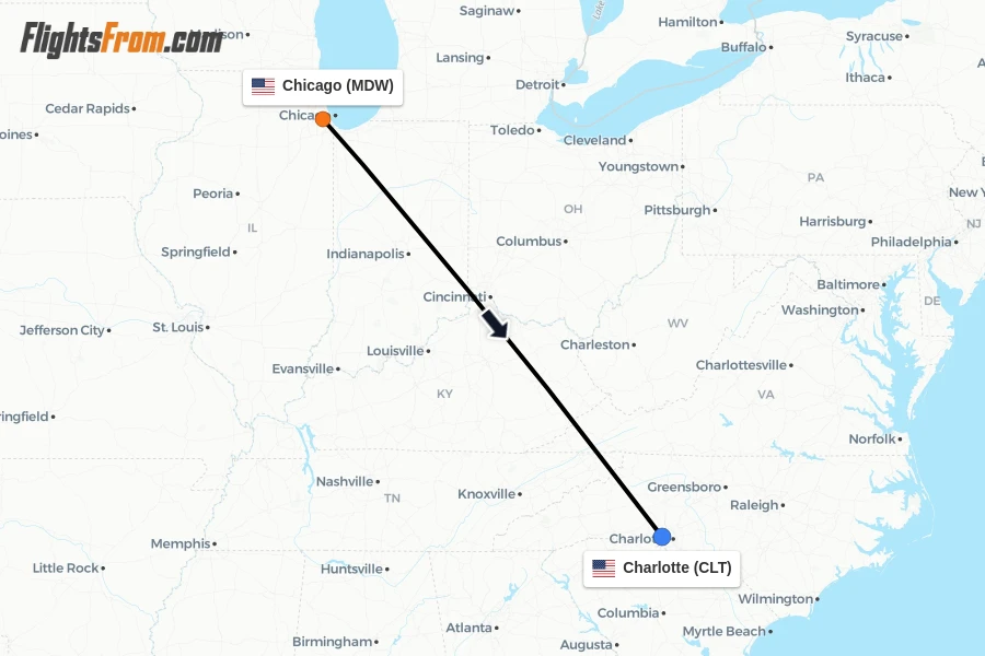Flights from Chicago to Charlotte route map