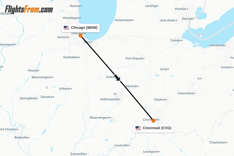 Flights from Chicago to Cincinnati route map