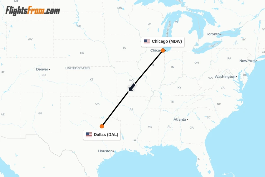 Flights from Chicago to Dallas route map