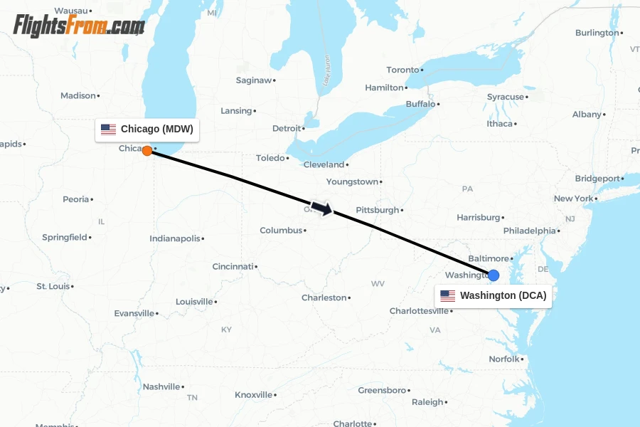 Flights from Chicago to Washington route map
