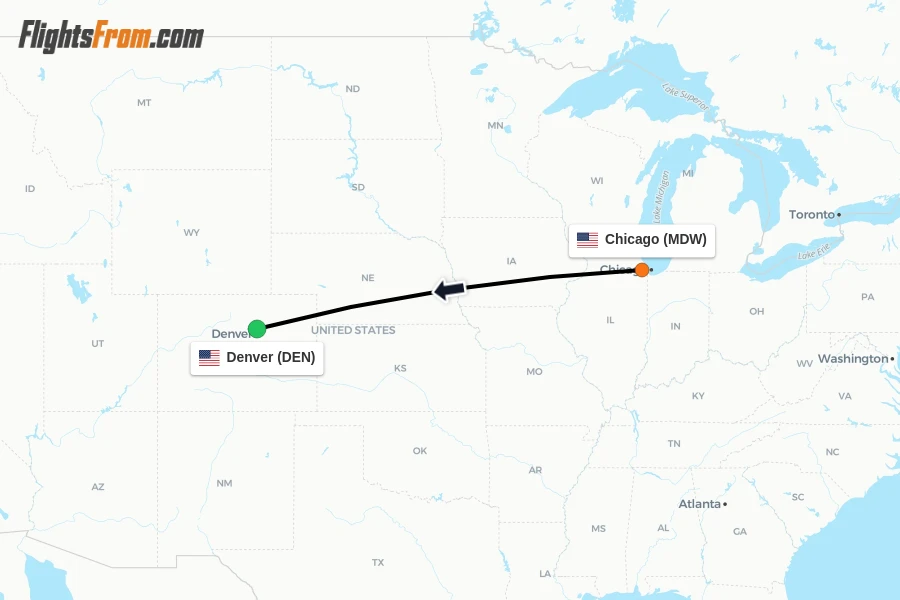 Flights from Chicago to Denver route map
