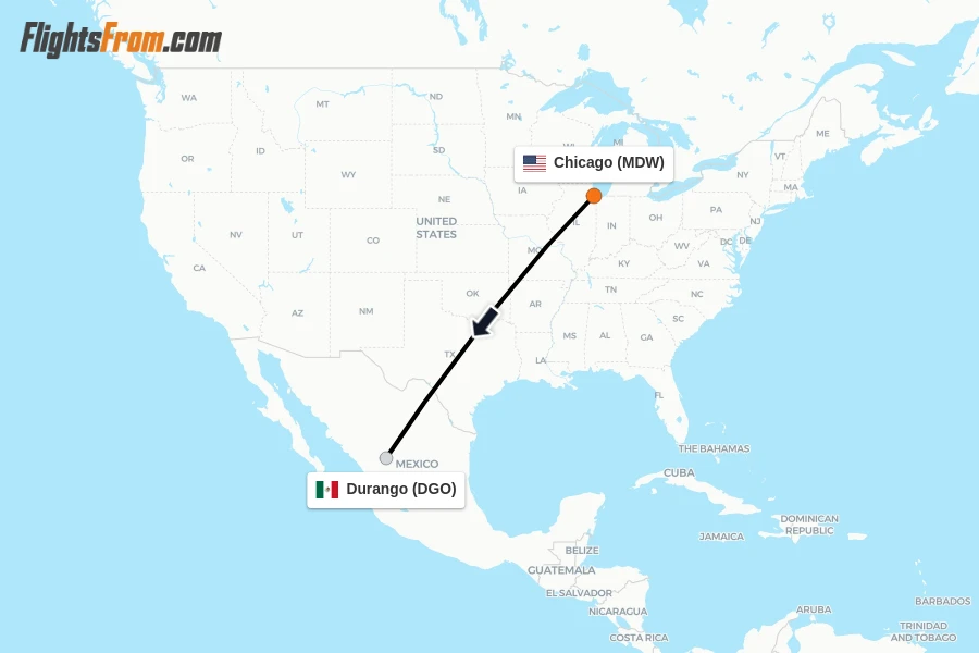 Flights from Chicago to Durango route map
