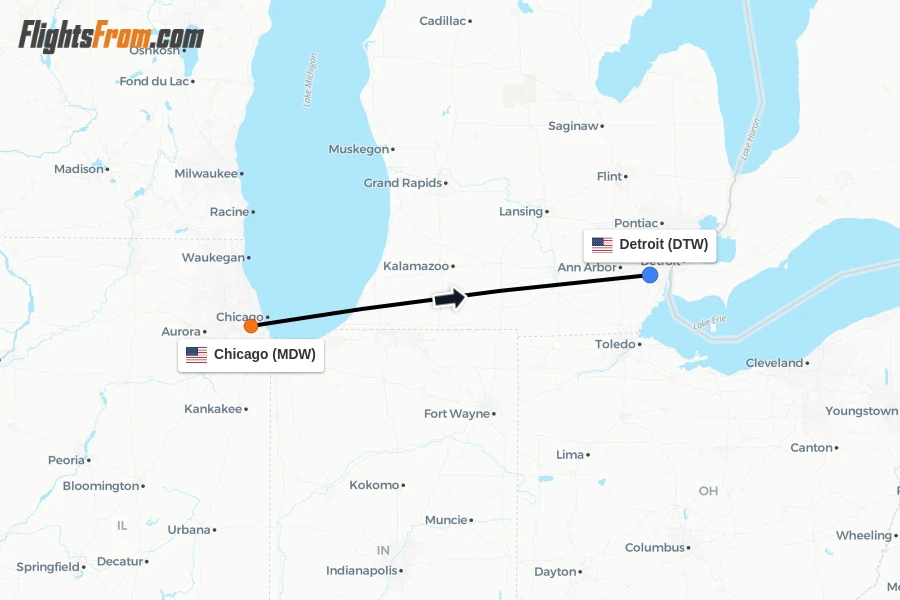 Flights from Chicago to Detroit route map