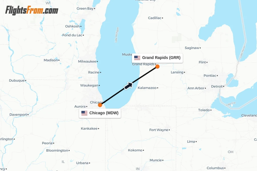 Flights from Chicago to Grand Rapids route map