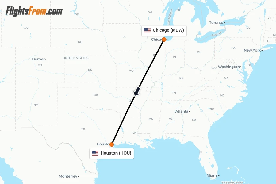 Flights from Chicago to Houston route map