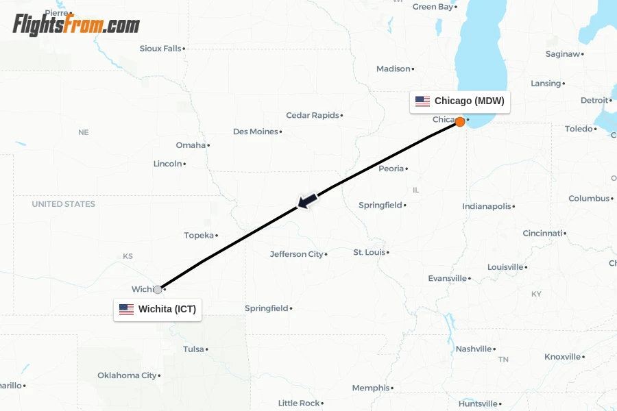 Flights from Chicago to Wichita route map