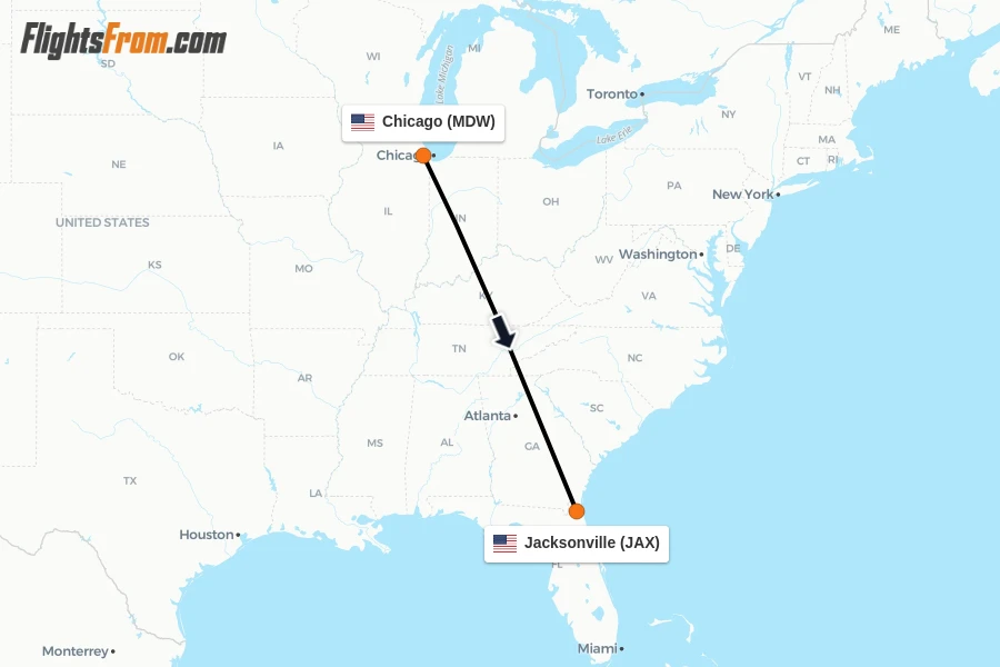 Flights from Chicago to Jacksonville route map