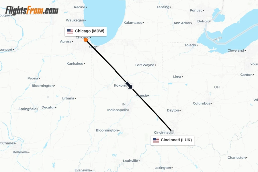Flights from Chicago to Cincinnati route map