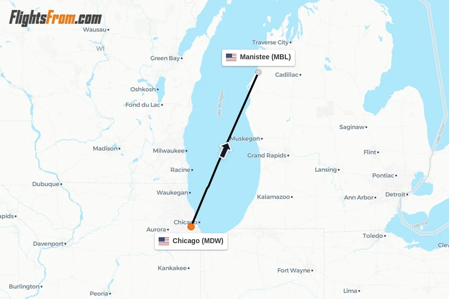 Flights from Chicago to Manistee route map