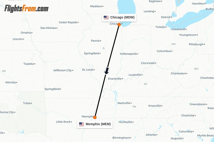 Flights from Chicago to Memphis route map