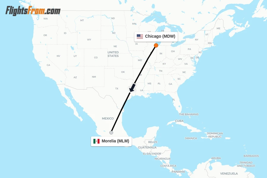 Flights from Chicago to Morelia route map