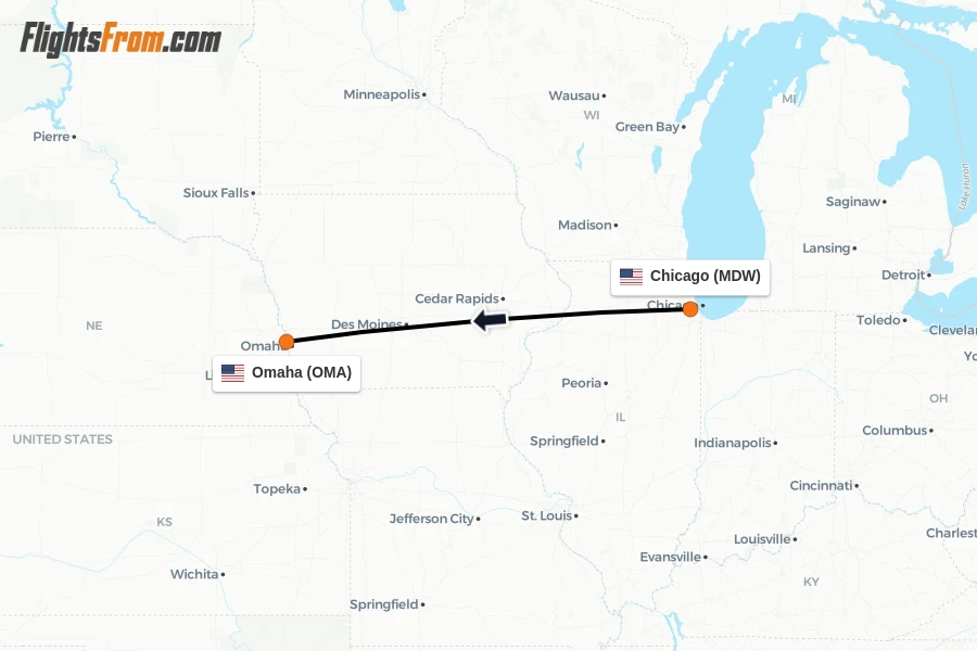 Flights from Chicago to Omaha route map
