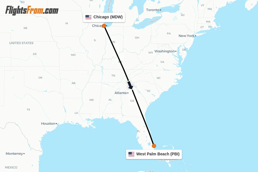 Flights from Chicago to West Palm Beach route map