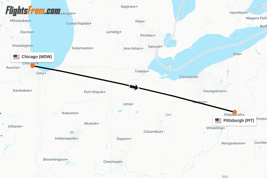 Flights from Chicago to Pittsburgh route map