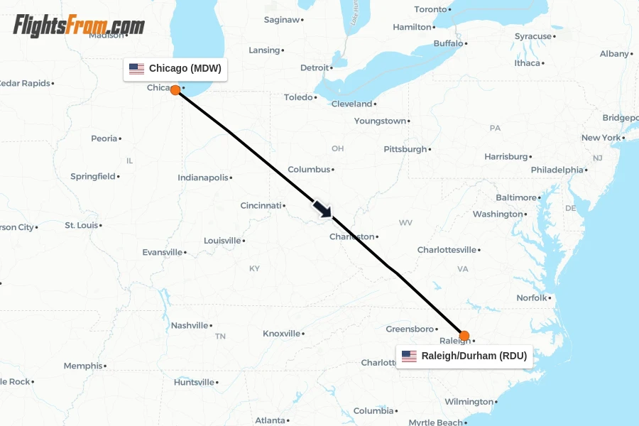 Flights from Chicago to Raleigh/Durham route map