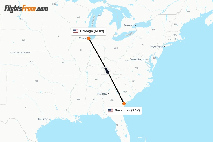 Flights from Chicago to Savannah route map