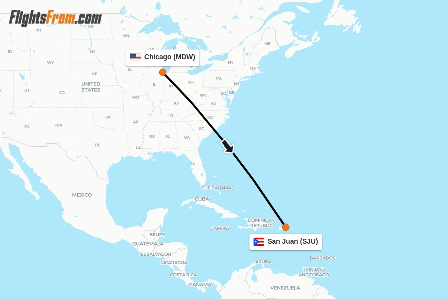 Flights from Chicago to San Juan route map