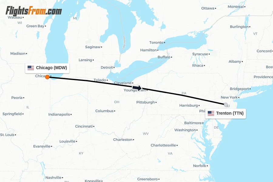 Flights from Chicago to Trenton route map
