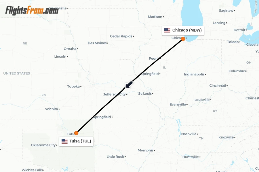 Flights from Chicago to Tulsa route map