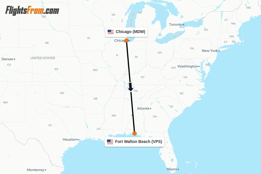 Flights from Chicago to Fort Walton Beach route map