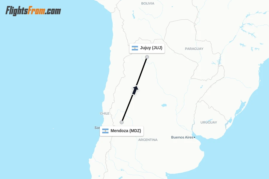 Flights from Mendoza to Jujuy route map