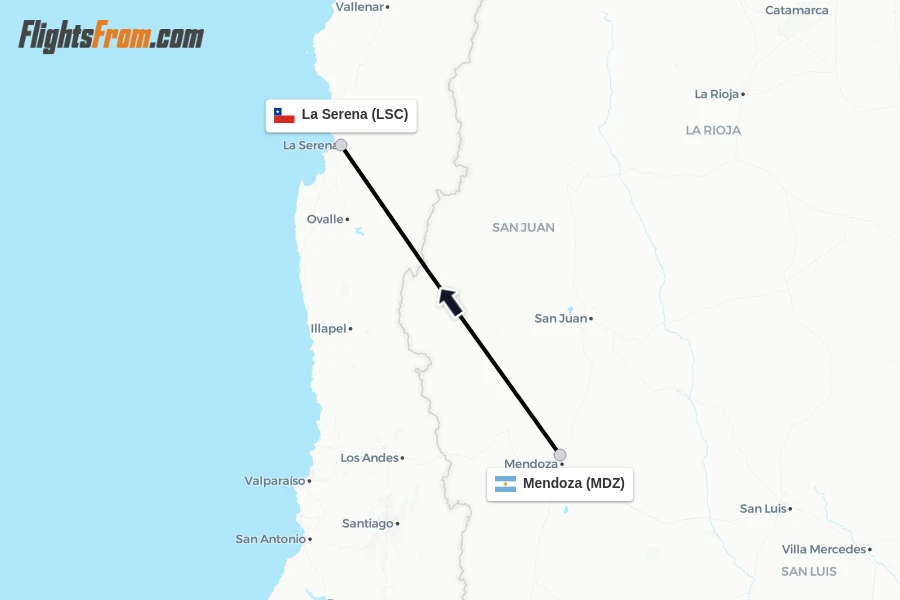 Flights from Mendoza to La Serena route map