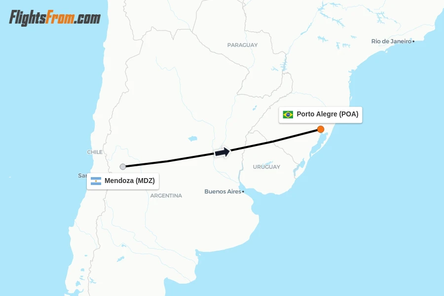 Flights from Mendoza to Porto Alegre route map