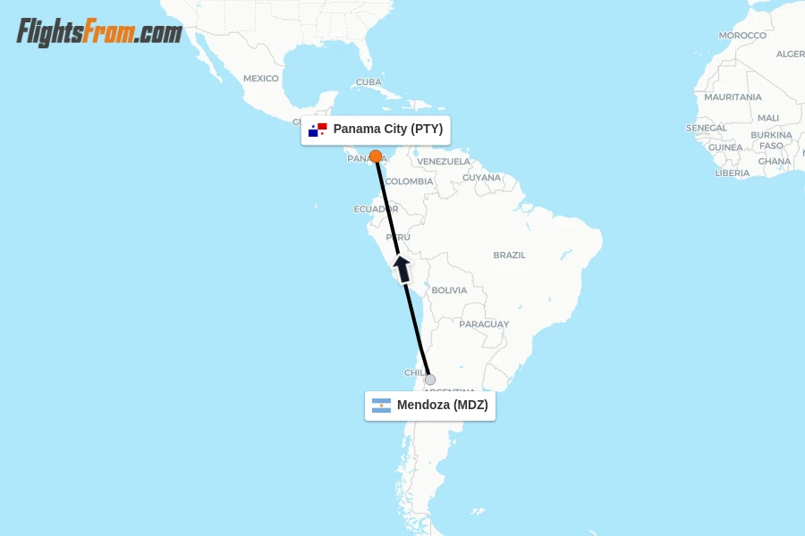 Flights from Mendoza to Panama City route map