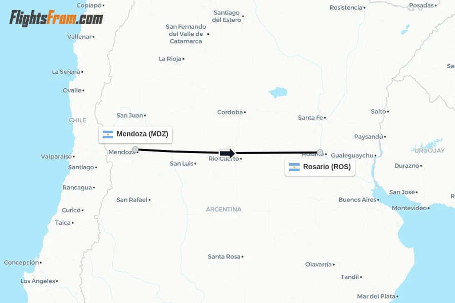 Flights from Mendoza to Rosario route map