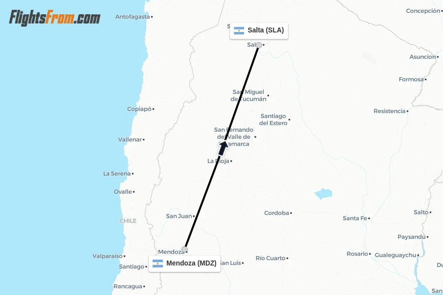 Flights from Mendoza to Salta route map